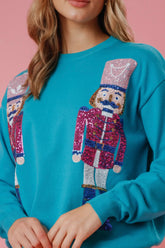 Teal Sequin Nutcracker Embroidered Sweater