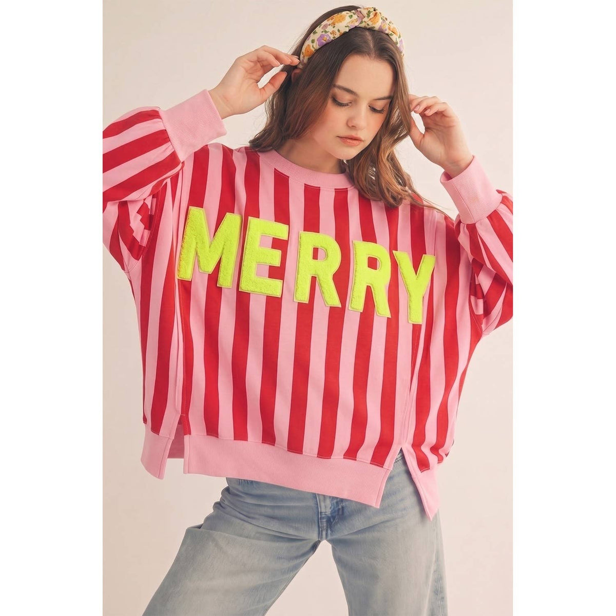 Pink and Red Striped Merry Sweatshirt