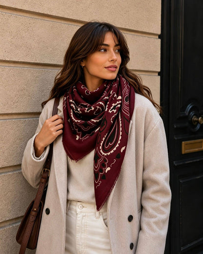 Large Wool Blend Bandana Scarf – WINE