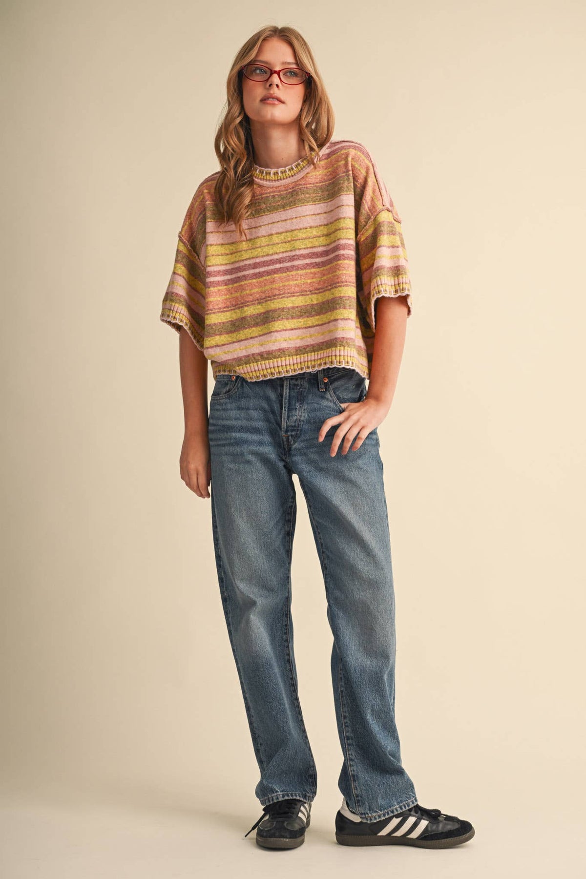 Multi-Color Striped Short Sleeve Sweater