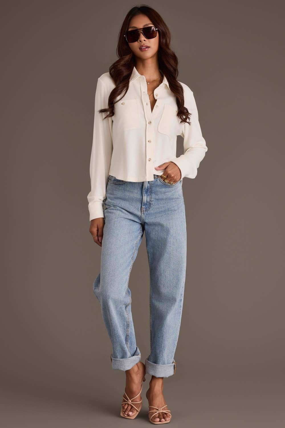 Ivory Cropped Soft Button Up Top