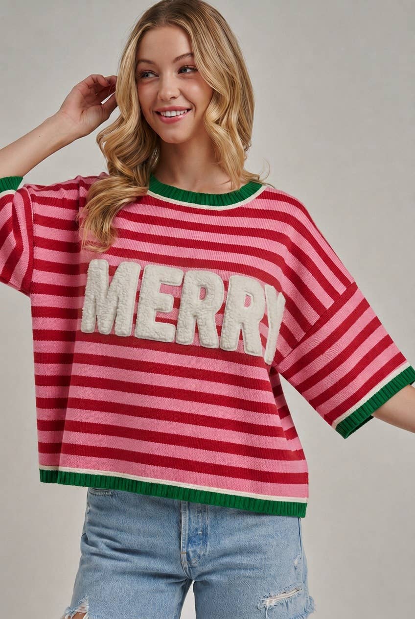 CHRISTMAS MERRY SHERPA LETTERING STRIPE RED/PINK TOP