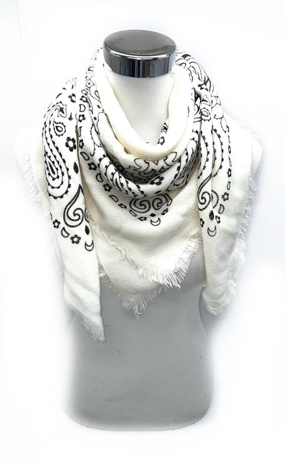 Paisley Wool Blend Scarf – White