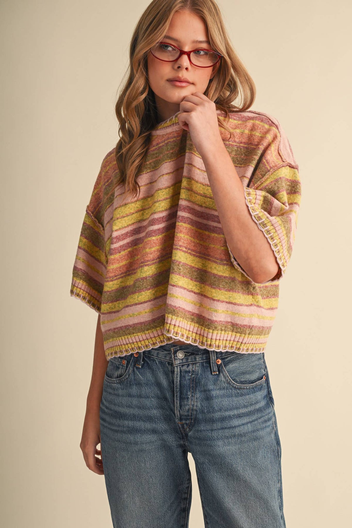 Multi-Color Striped Short Sleeve Sweater