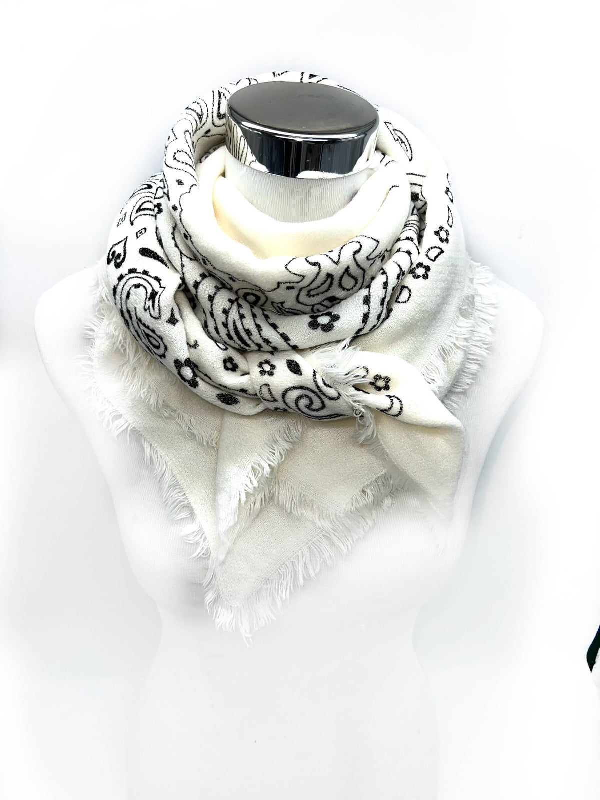 Paisley Wool Blend Scarf – White