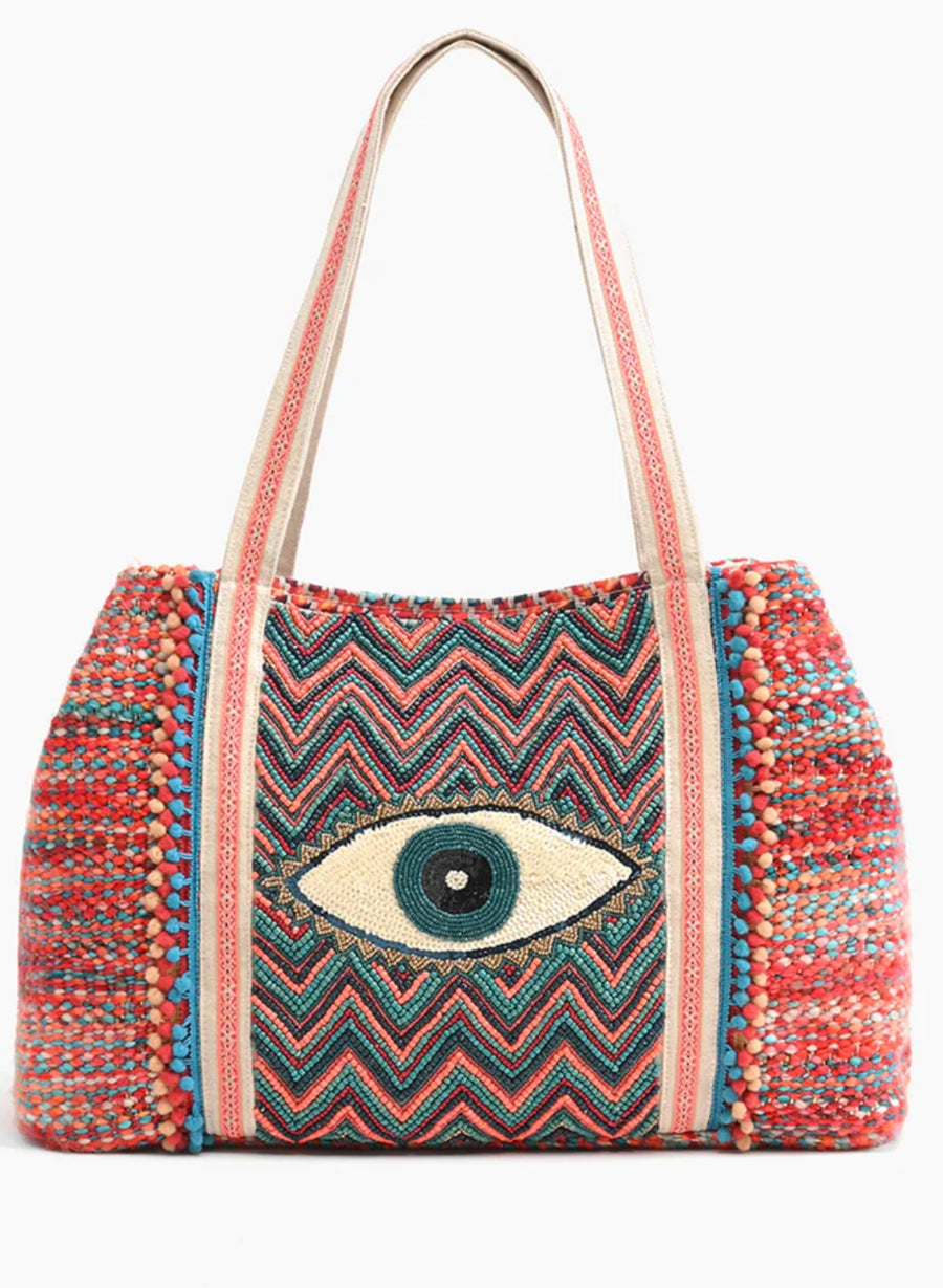 EVIL EYE GOOD LUCK HAND BEADED TOTE-ORANGE AND BLUE TOTE BAG